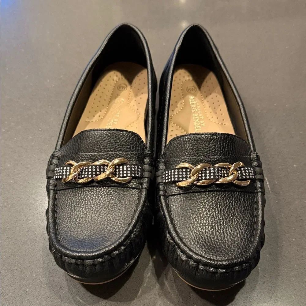 Chic Black Loafers with Gold Chain by Alexis Bendel NWOT